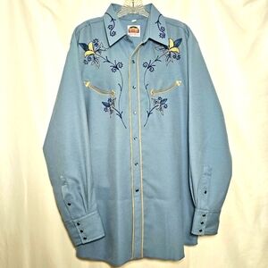 🛑 Vintage Miller Western Wear Mens Blue Embroidered Snap Front Shirt 17/35